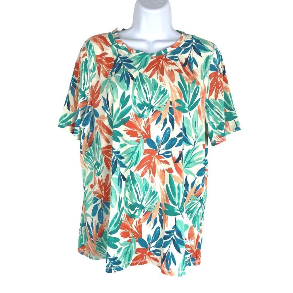 L.L. Bean SunSmart UPF 50+ Sun Shirt Rash Guard Large Short‎ Sleeve Leaves Print